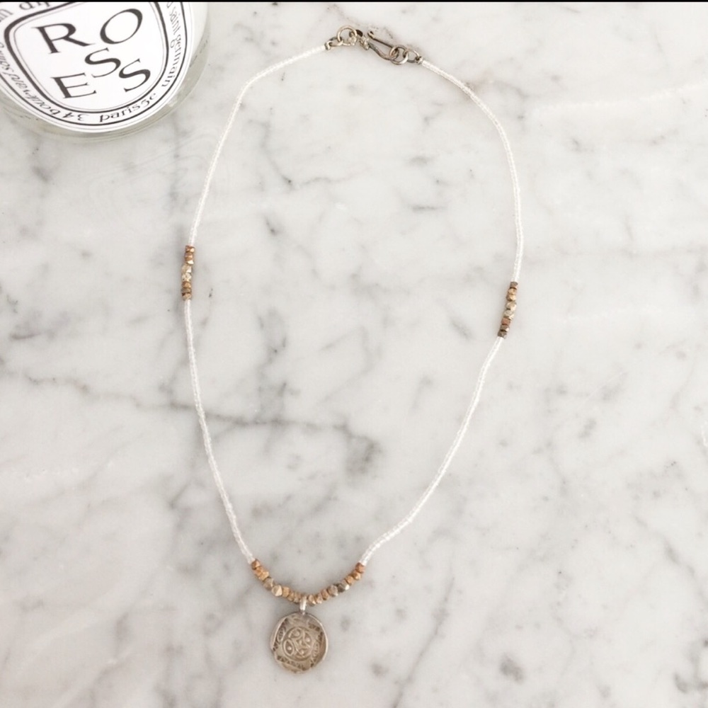 Mini Silver + Gold Bead Necklace with Mini Coin Pendant - Picture 3 of 5